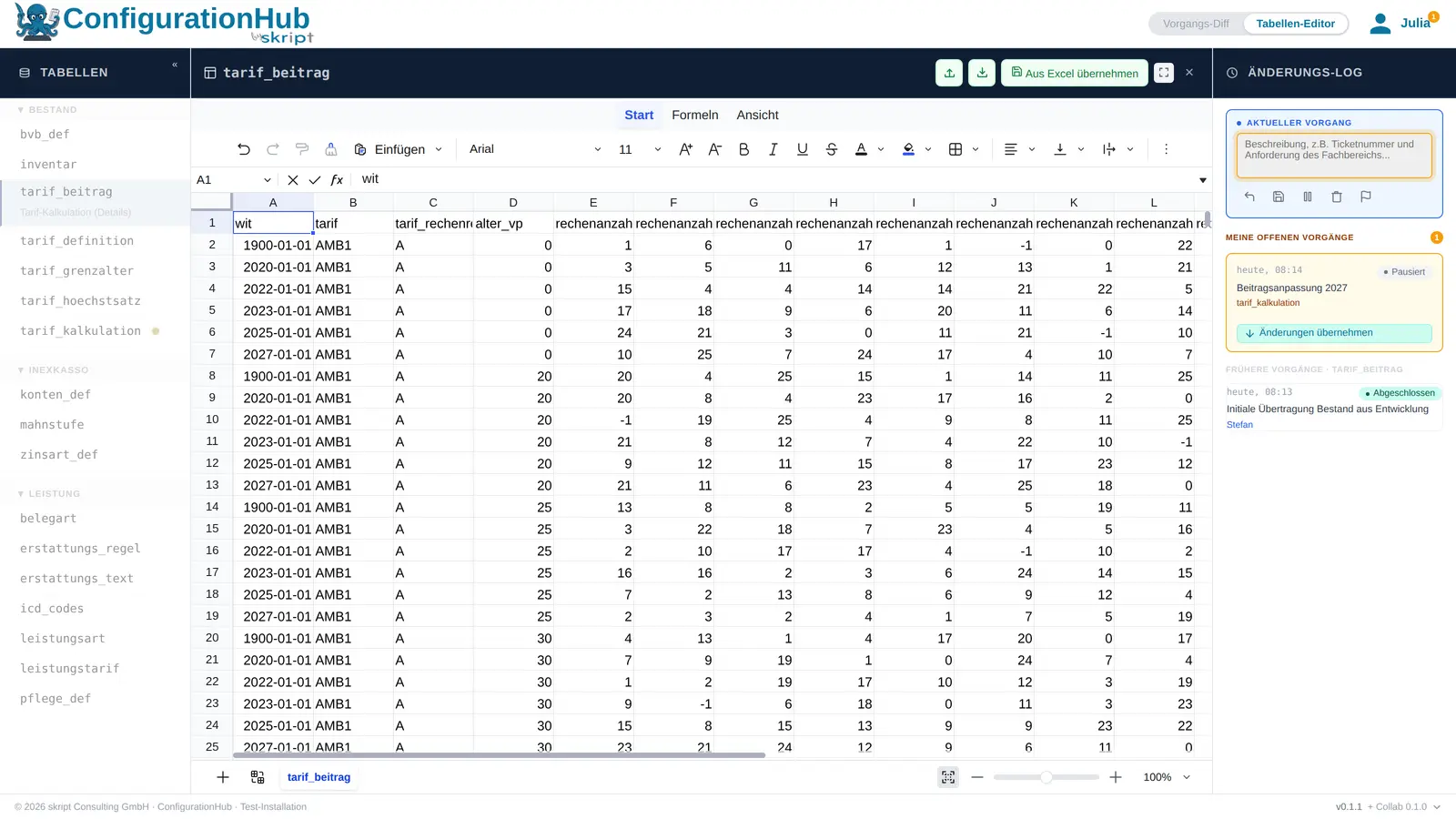 Eingebettete Tabellenkalkulation mit Formelleiste und Werkzeugleiste, darin die Tabelle tarif_beitrag mit Spalten wit, tarif und Rechenanzahlen, oben der Button „Aus Excel übernehmen“